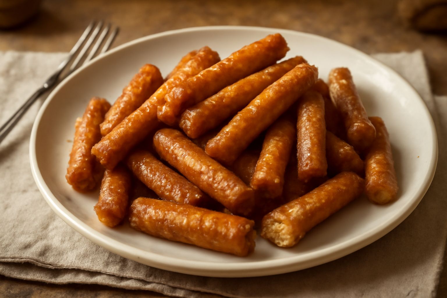 Fregnacce dorate e croccanti disposte su un piatto bianco, con superficie scura e brillante dal miele, forma irregolare allungata, contorno di carta bianca