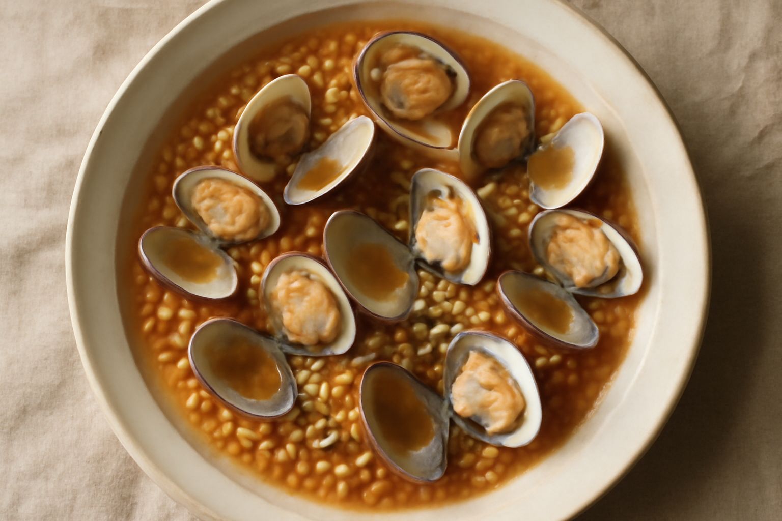 Fregola tostata color avorio con arselle aperte e carne rosa pallido, umida di brodo marino, cosparsa di prezzemolo fresco verde su piatto bianco