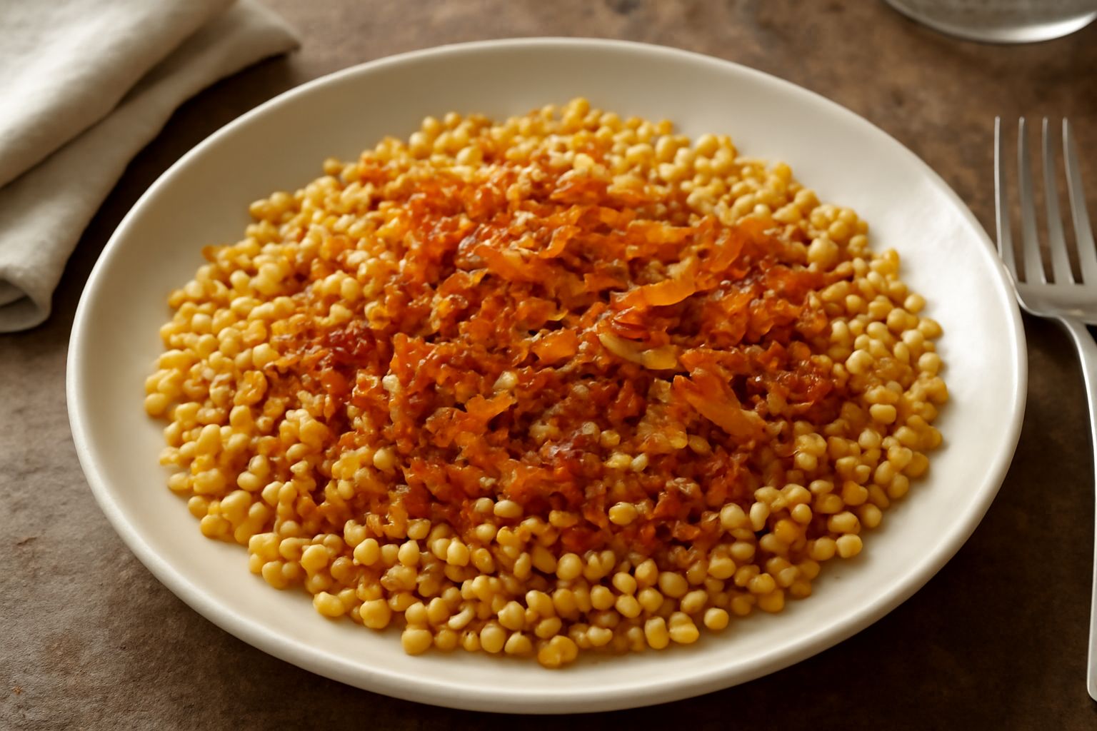 Un piatto di fregola bianca e granulosa condita con scaglie dorate di botarga, gocce di olio d'oliva lucente, pepe nero e prezzemolo fresco su sfondo chiaro