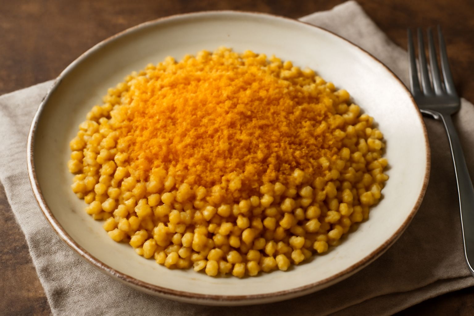 Piatto di fregola con bottarga grattugiata in superficie, grani dorati di semola con crosta salata, condimento di olio extravergine e bottarga grattuggiata dal colore giallo-arancio, servito in piatto