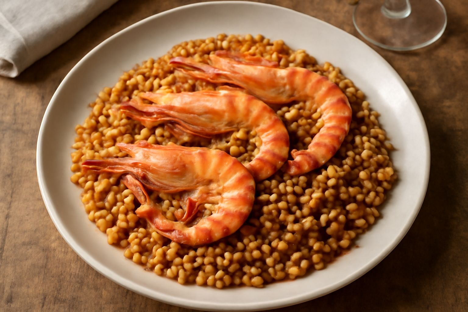 Piatto di fregola con gamberi rosa e coralli, pomodorini rossi, prezzemolo verde fresco, fregola dorata in rilievo, servito in piatto bianco con filo di olio d'oliva
