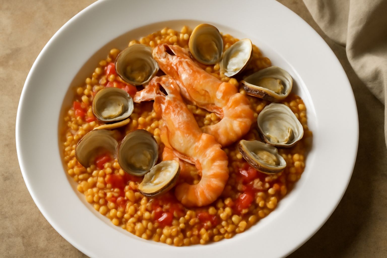 Piatto di fregola tostata con vongole aperte, gamberi rosa, pomodoro rosso e pepe nero, impiattato su un piatto bianco con filo d'olio d'oliva
