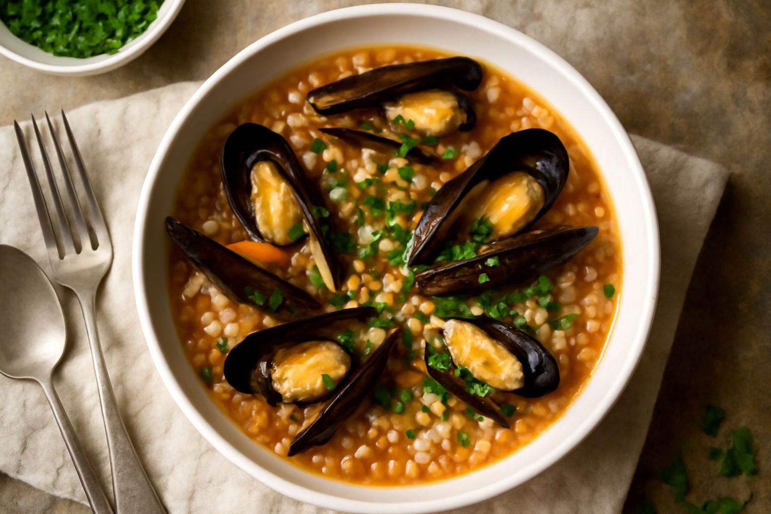 Un piatto fondo bianco con fregola dorate e cozze aperte in guscio scuro, bordata di prezzemolo fresco verde, con brodo trasparente e gocce di olio d'oliva lucido