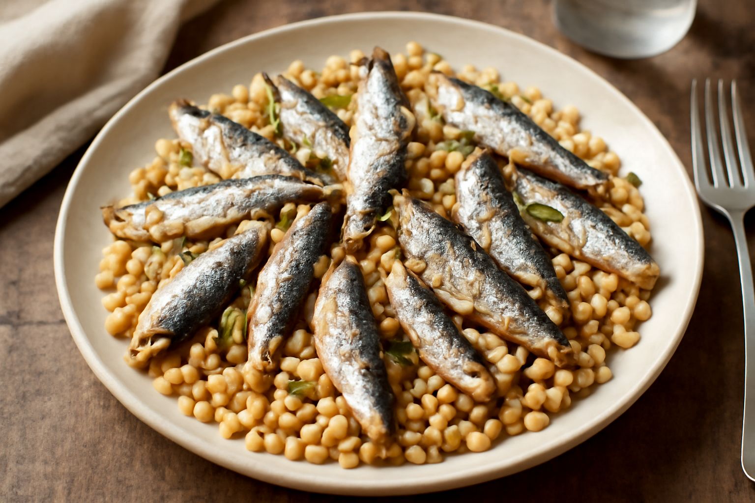 Un piatto bianco con fregola di colore dorato, sardine intere argentee, pomodori rossi a dadini e prezzemolo fresco verde, conditi con olio d'oliva lucido