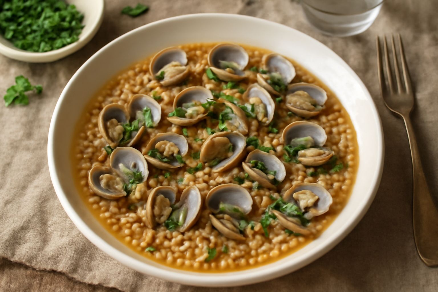 Piatto di fregola con telline in ciotola bianca: grani di pasta dorati misti a telline aperte grigiastre, brodo trasparente ambrato, guarnizione di prezzemolo verde fresco, servito su tavolo di legno 