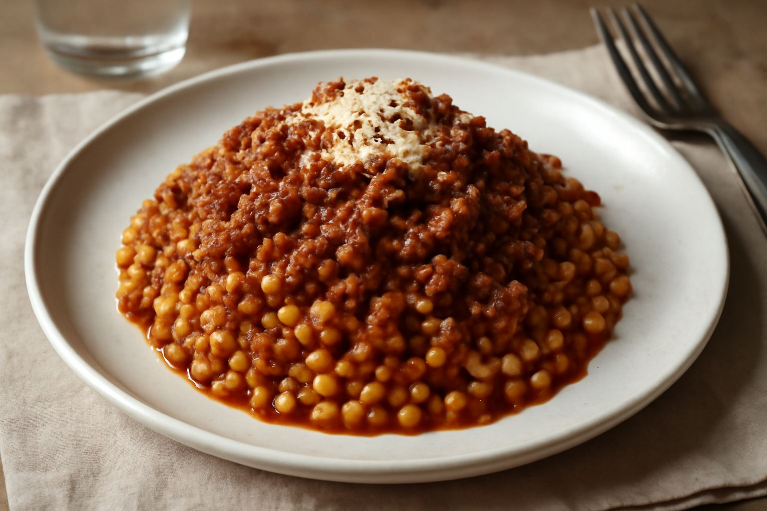 Piatto di ceramica bianca con fregola ricoperta di ragù rosso scuro, polverizzata di formaggio grattugiato, contorno di basilico fresco e cucchiaio di legno