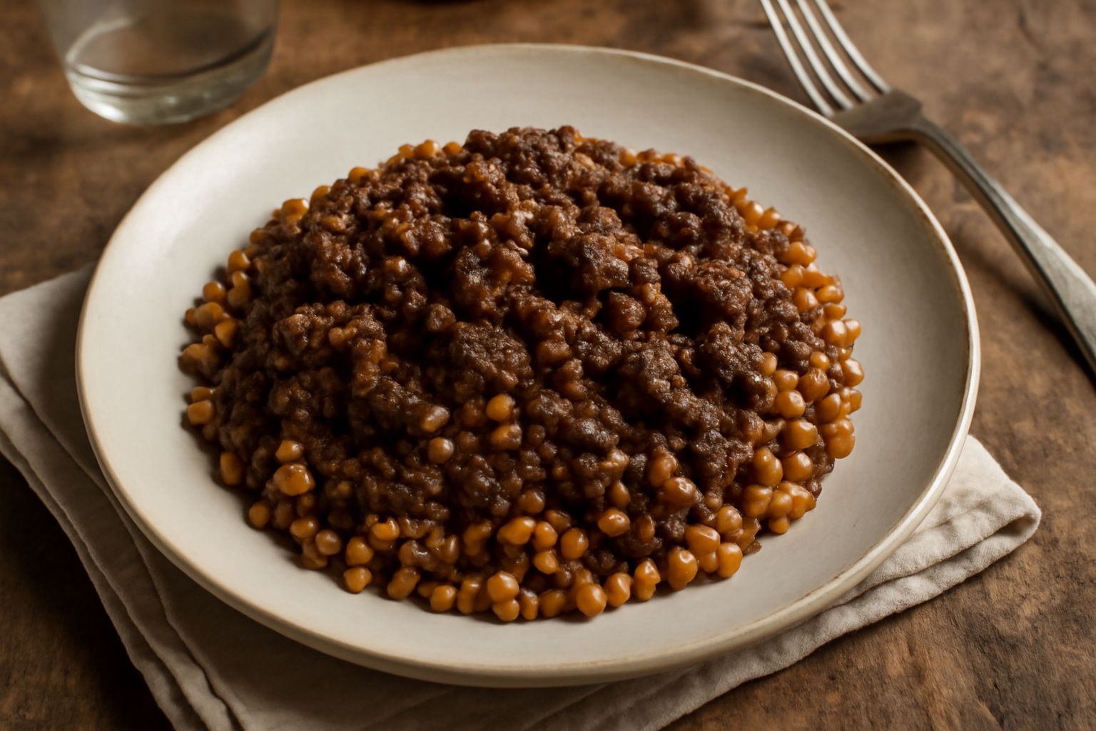 Piatto di fregola con ragù di cinghiale scuro e corposo, pasta granulare visibile al centro, sormontata da una cucchiaiata di ragù marrone, con filo di olio e qualche foglia di prezzemolo, servita in 