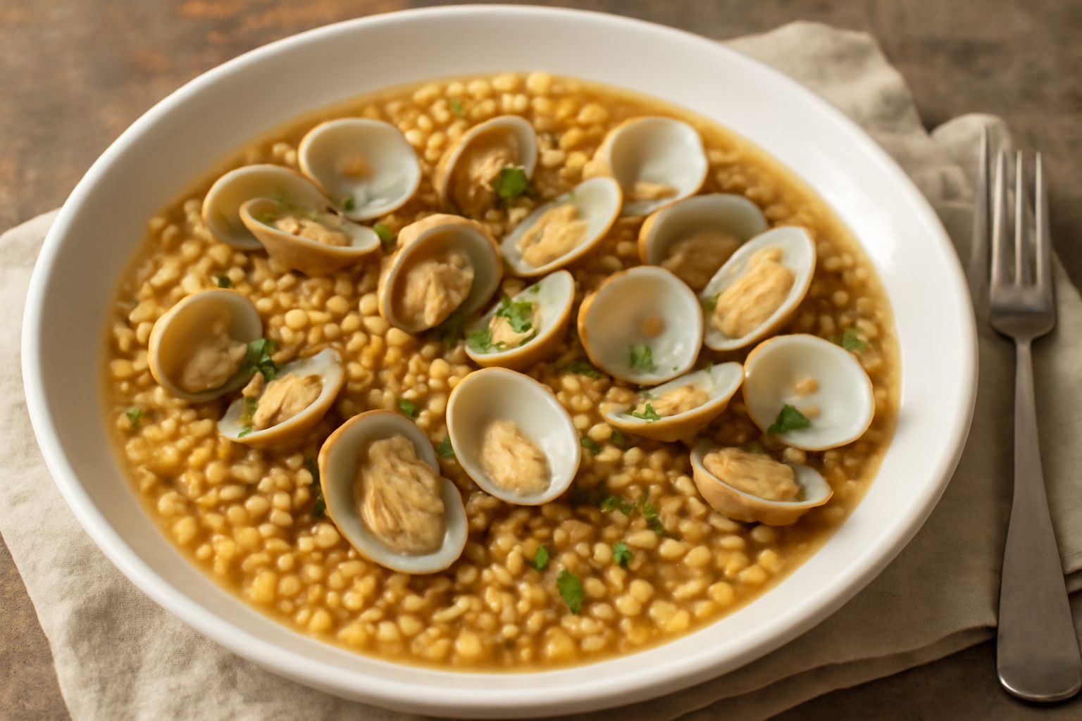 Un piatto bianco con fregola color avorio tondeggiante mista a vongole aperte che mostrano la polpa bianca, bagnate da un brodo trasparente e profumato, cosparso di prezzemolo verde fresco