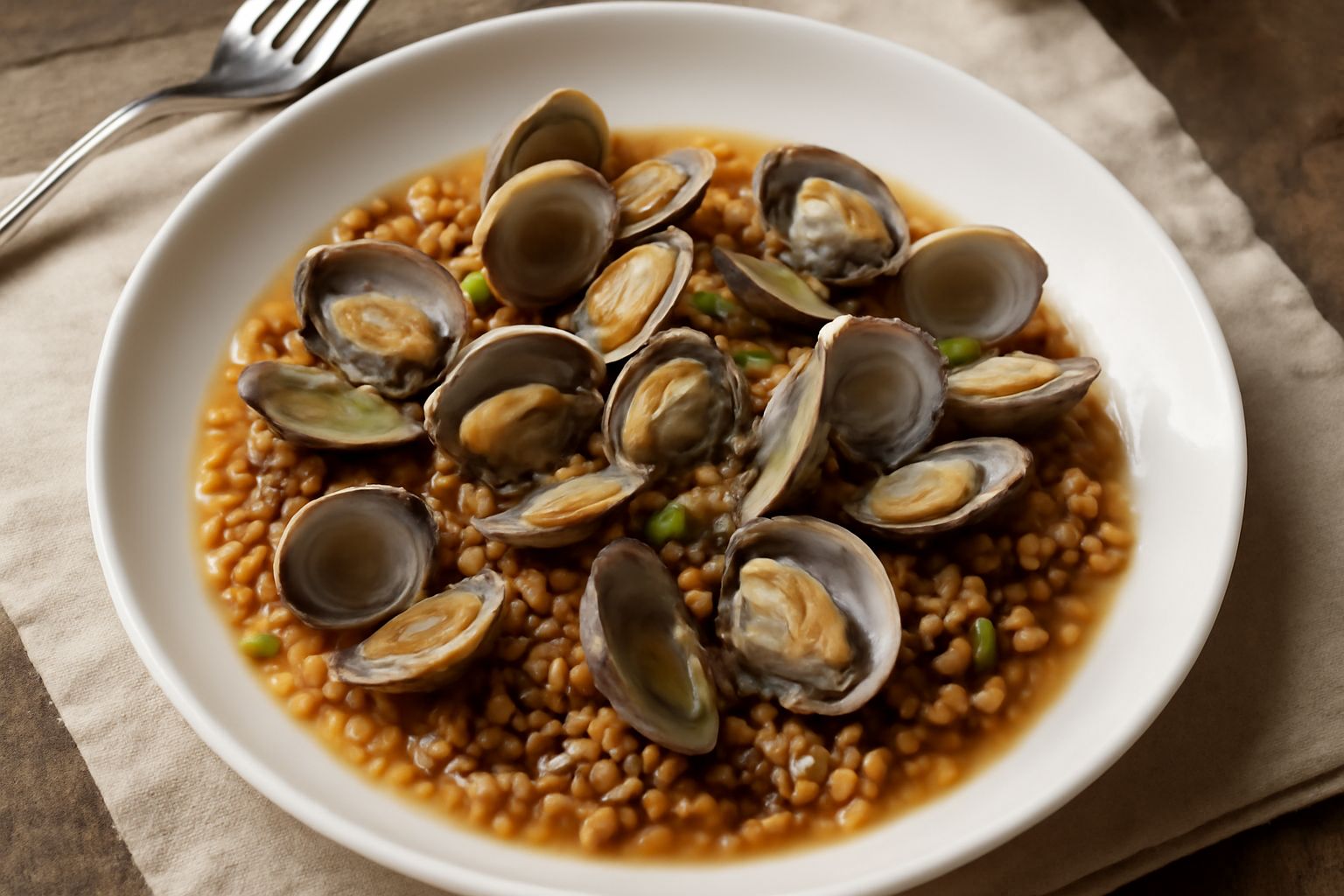 Piatto fondo di ceramica bianca con fregola tostata color nocciola, vongole veraci grigio-brune aperte, brodo trasparente con olio di oliva lucido, prezzemolo fresco verde e limone a fetta sul bordo