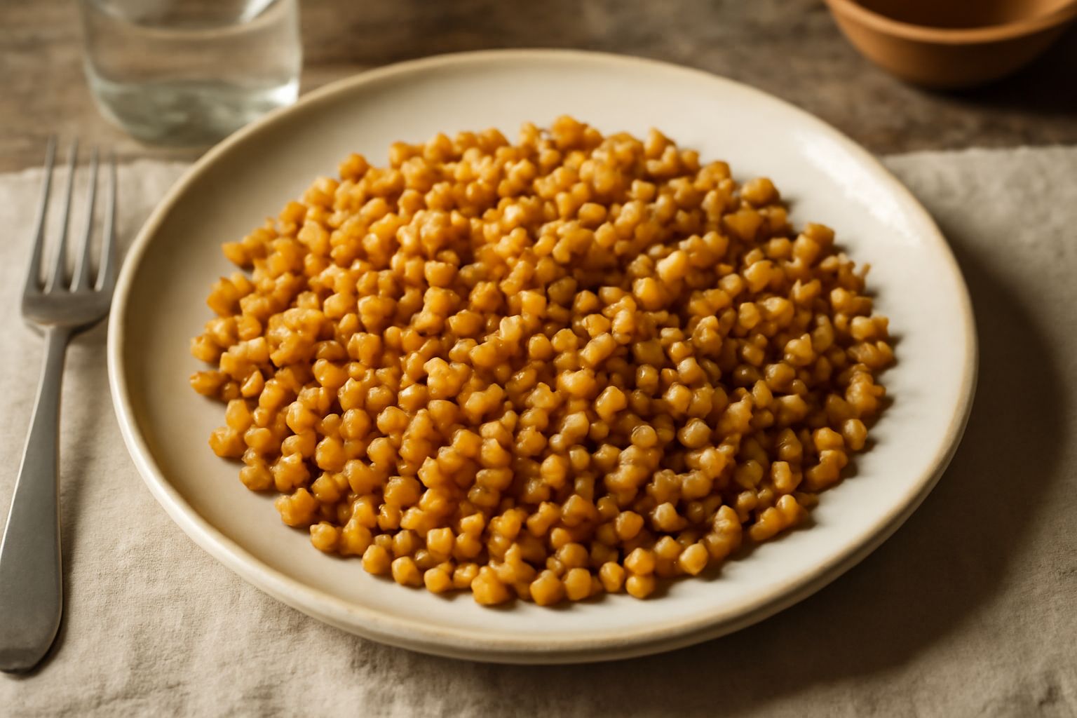 Piatto di fregola tostada condita con pomodoro fresco e prezzemolo, granelli dorati croccanti visibili, servita in ciotola bianca con cucchiaio di legno