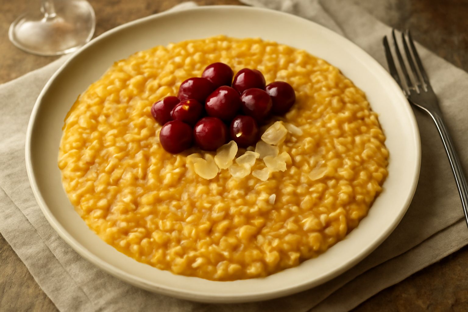 Risotto cremoso e giallo scuro in piatto bianco, con bottiglia di vino Freisa rosso scuro sullo sfondo, riso ben amalgamato, grana fresco grattugiato e sottile velo di burro lucido