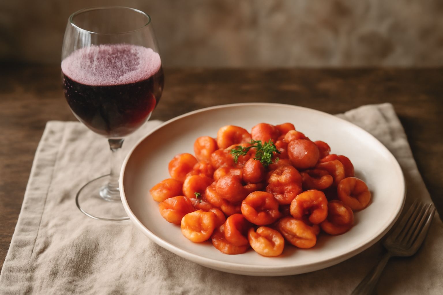 Calice di vetro trasparente con Freisa d'Asti rosso rubino leggermente frizzante, con lievi bollicine visibili, servito su tavolo in legno con piatto di antipasti piemontesi