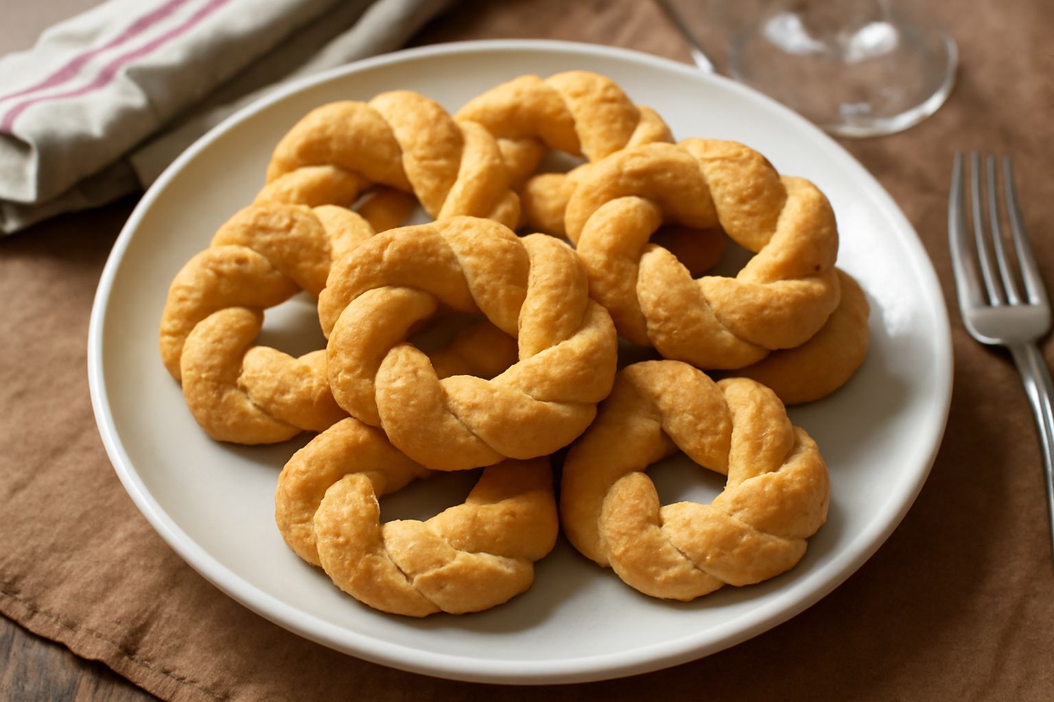 Frelle trapanesi dorate e croccanti disposte su un piatto di ceramica bianca, con forma a ciambella intrecciata, surface piatta e grana friabile visibile, con sfondo di tela di lino naturale