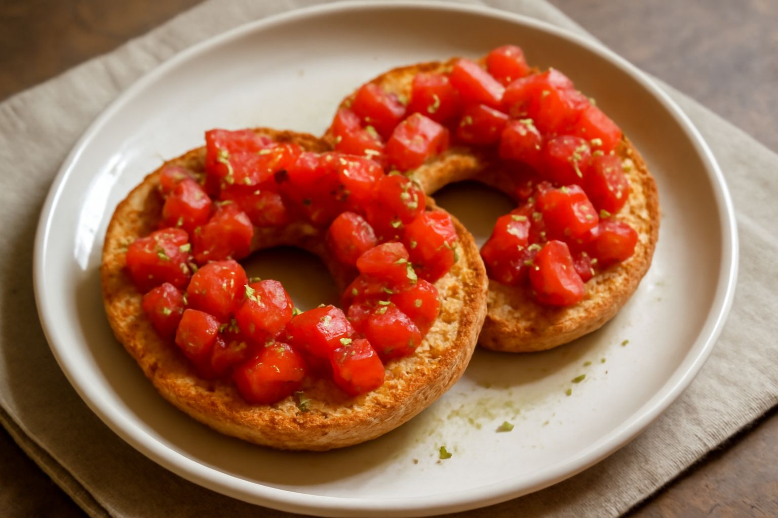 Freselle intere e condite con pomodoro rosso fresco, olio d'oliva lucido e origano verde, servite su un piatto bianco, con un bicchiere d'acqua accanto