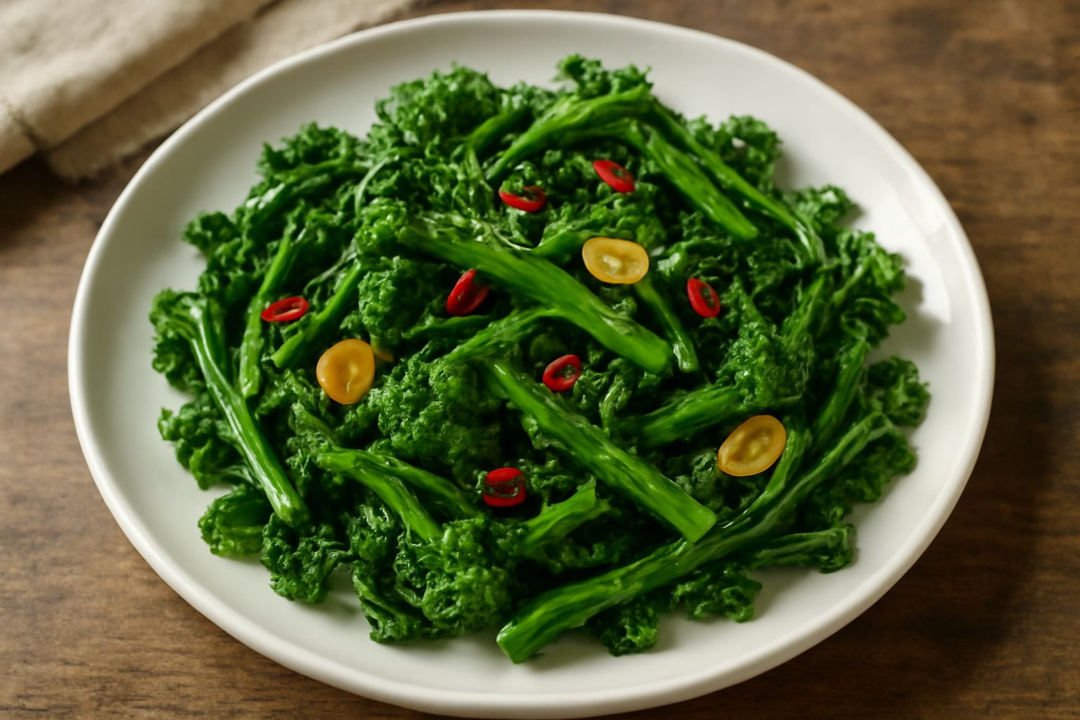 Friarielli verdi e croccanti saltati in padella con aglio, peperoncino rosso e gocce di olio d'oliva lucido, serviti in un piatto bianco con contorno di limone