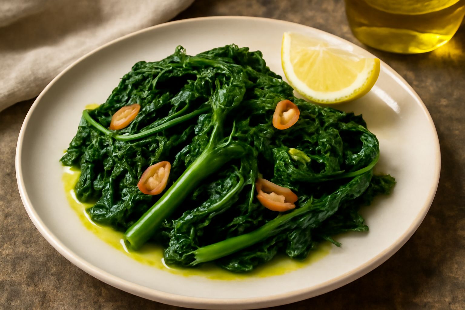 Friarielli verdi scuri lessati, disposti nel piatto bianco con gocce lucide di olio, spicchi d'aglio tostati ai lati e una spruzzata di limone fresco