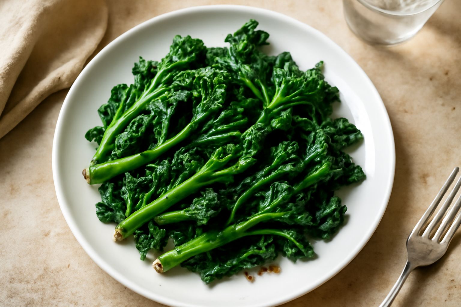 Friarielli verdi e croccanti in una padella di acciaio, con spicchi di aglio dorato e fili di olio che luccicano alla luce, serviti in un piatto bianco