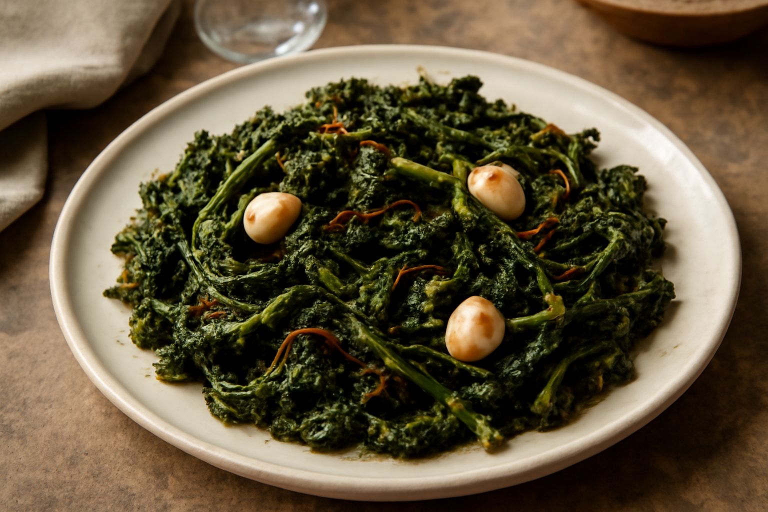 Piatto di friarielli ripassati verdi con striature dorate, aglio e peperoncino rosso, serviti in un'alzata bianca con olio lucente