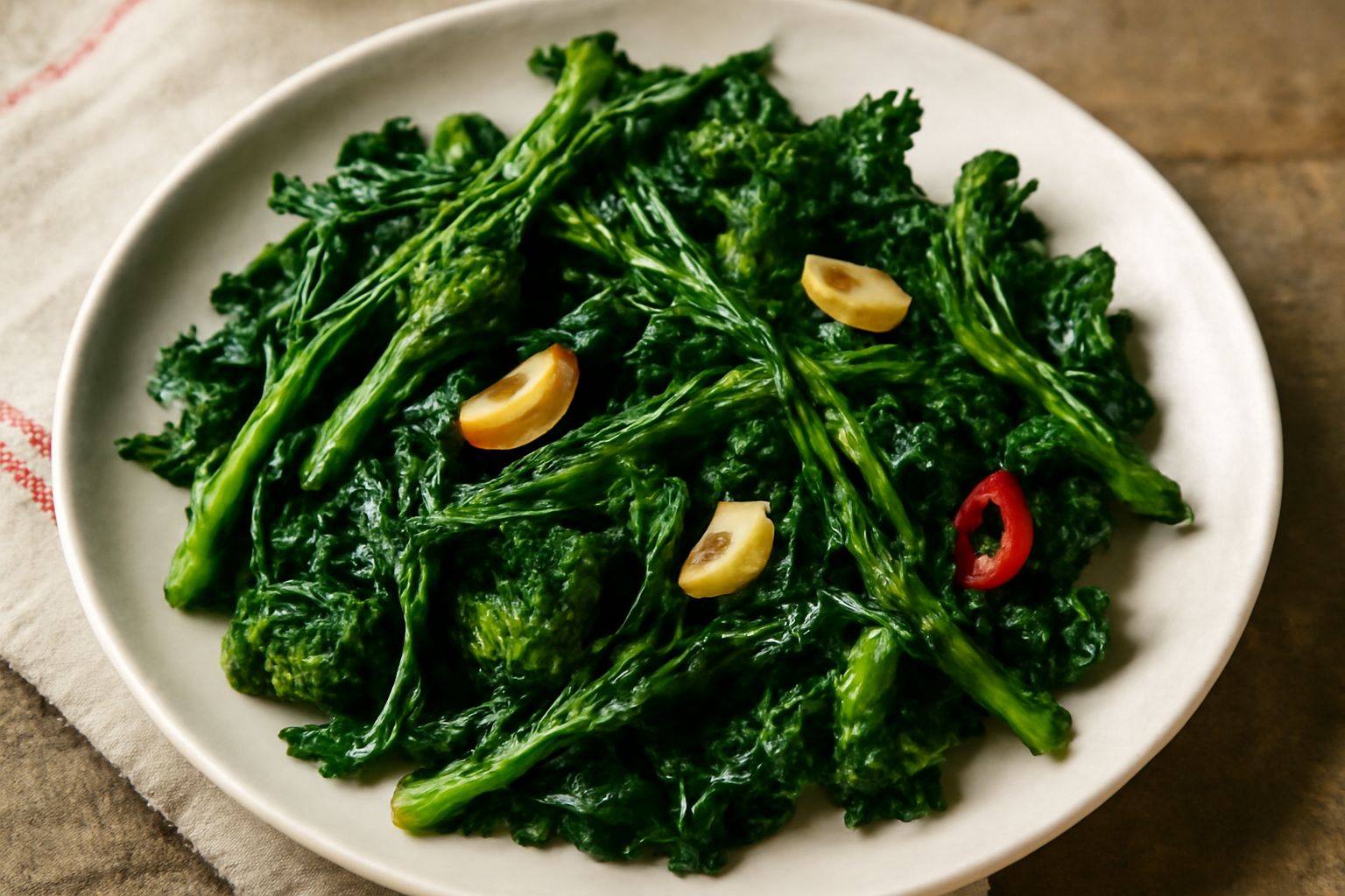 Piatto bianco con friarielli verde scuro sautéed, sparsi e croccanti, con aglio dorato e peperoncino rosso, serviti a temperatura ambiente su tavolo di legno chiaro