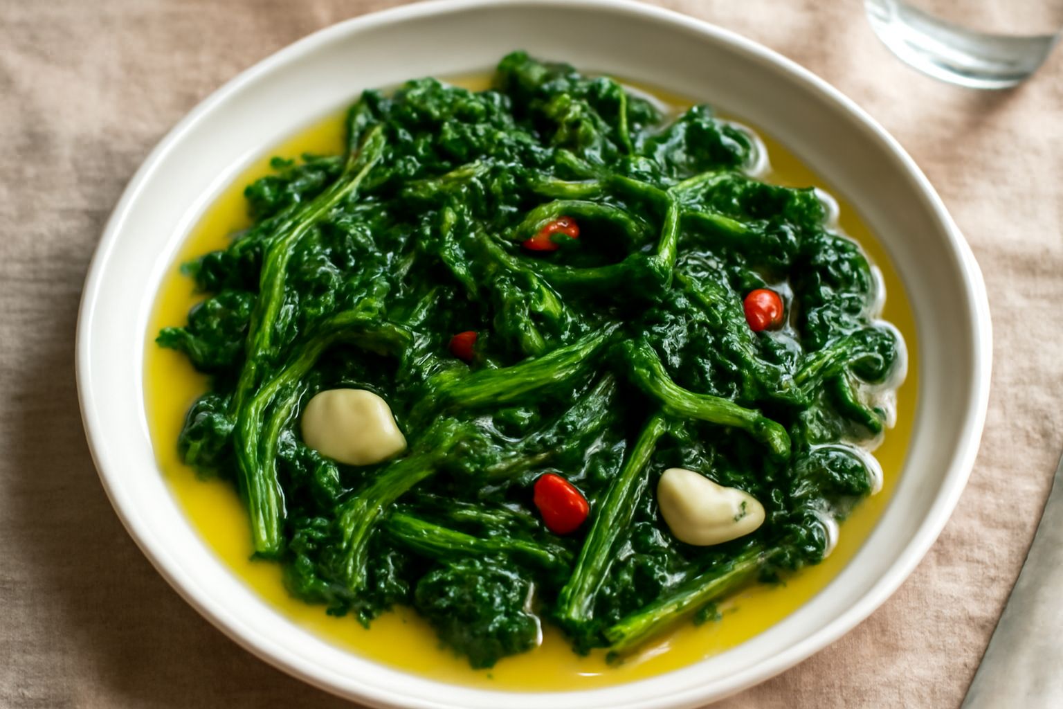 Vasetto di vetro trasparente con friarielli verdi croccanti immersi in olio extravergine, spicchi di aglio visibili, peperoncini rossi piccanti, fondo di legno scuro