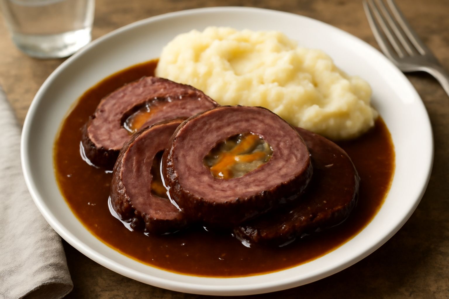 Fricandò affettato nel piatto: carne rosa scuro circondata da salsa scura densa, fette di carota arancione e sedano visibili, contorno di purè di patate color crema, guarnito con prezzemolo verde