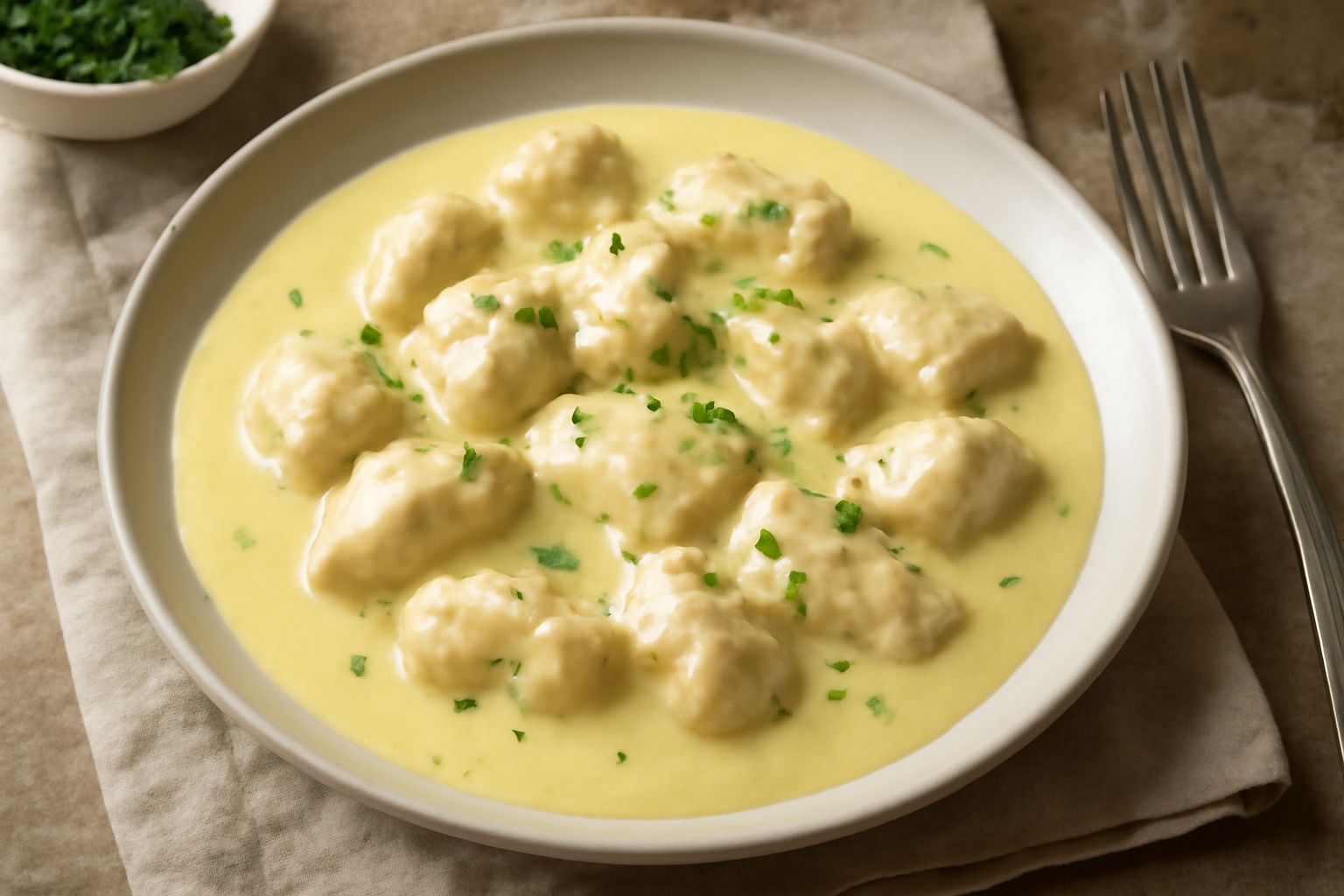 Fricassea di pollo in un piatto bianco fondo, con pezzi di pollo color avorio in salsa cremosa giallo-bianca, decorata con prezzemolo fresco verde e servita su un tavolo di legno chiaro