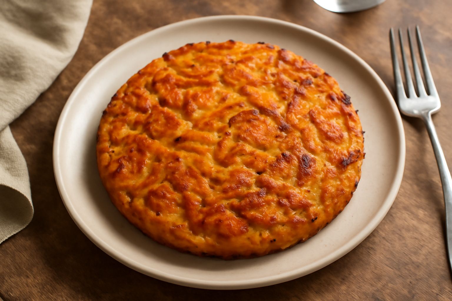 Friccò dorato e croccante servito in un piatto bianco, pasta e patate remescolate con bordi caramellati, guarnito con prezzemolo fresco tritato