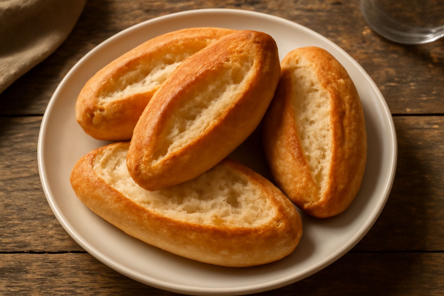 Quattro fricelle dorate e croccanti di forma allungata, disposte in fila su una tavola di legno, con la crosta lucida e il fondo leggermente scuro