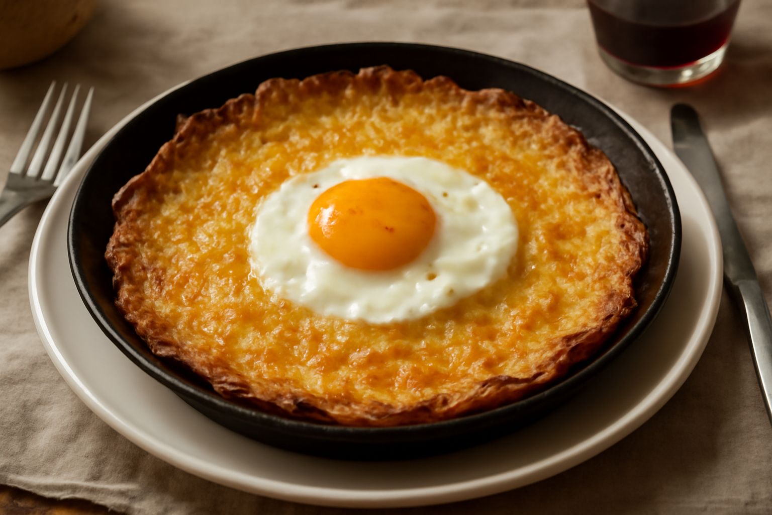 Frittella rotonda dorata e croccante in padella, con un uovo fritto al centro, patate tagliate sottili e formaggio fuso visibile, contorni scuri e croccanti