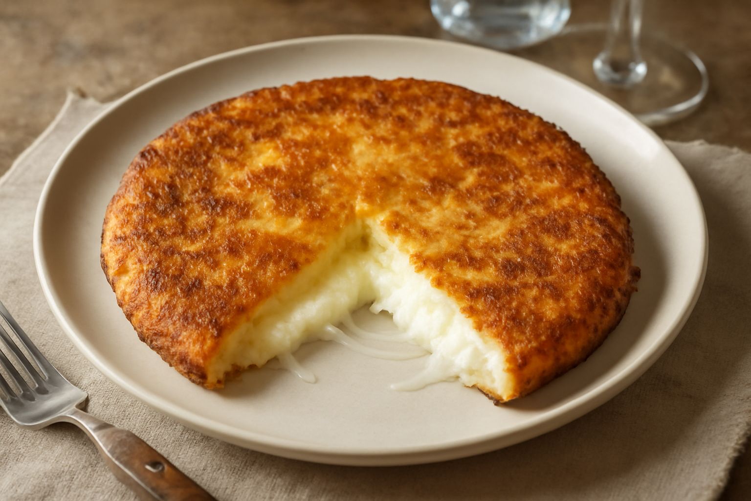 Un disco di frico dorato e croccante, appena sfornato, con bordi caramellati color ambra, surface ruvida e dorata, poggiato su un piatto bianco, con qualche patata visibile all'interno e un leggero va