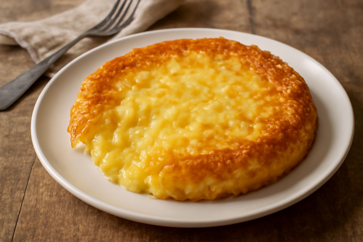 Frico dorato croccante in padella con patate tagliate a piccoli cubetti, formaggio fuso che crea file dorate, bordo caramellato marrone scuro