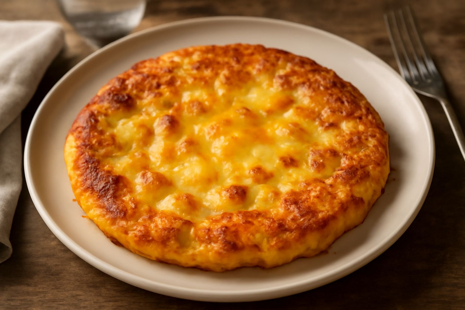 Un frico friulano appena tolto dalla padella, giallo dorato croccante ai bordi, formaggio filante che fuoriesce dalla frattura centrale, patate morbide visibili sulla superficie, servito su piatto bia