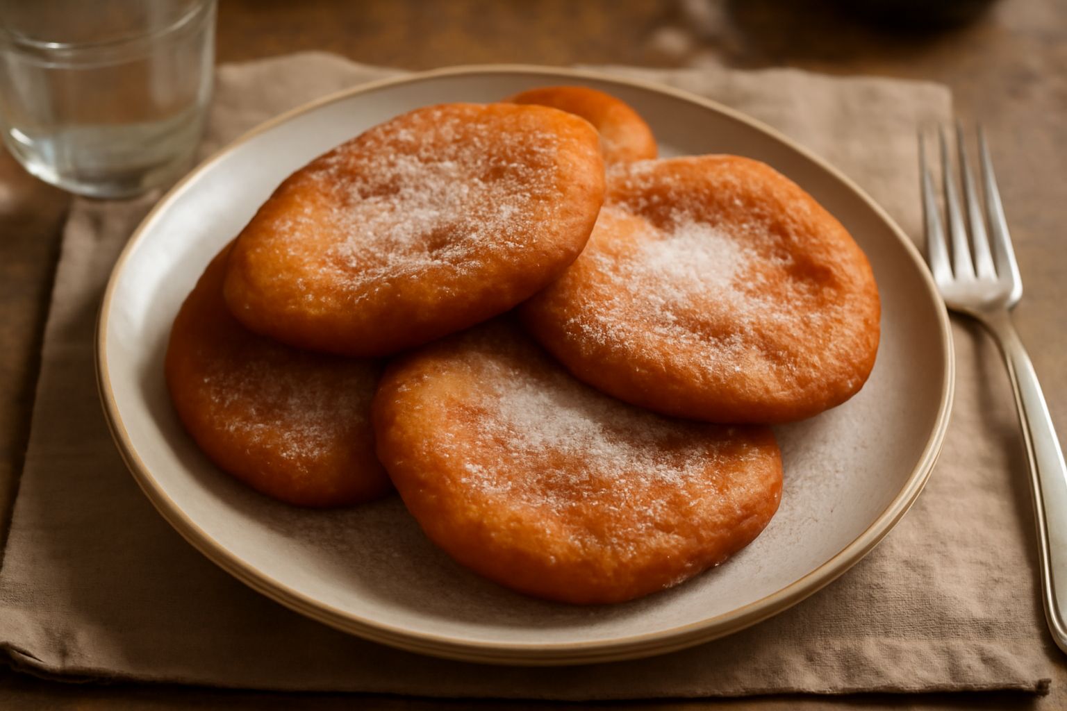 Friggelle dorate e croccanti impilate nel piatto, cosparse di zucchero bianco e cannella, vapore appena visibile, contorno di piatto bianco