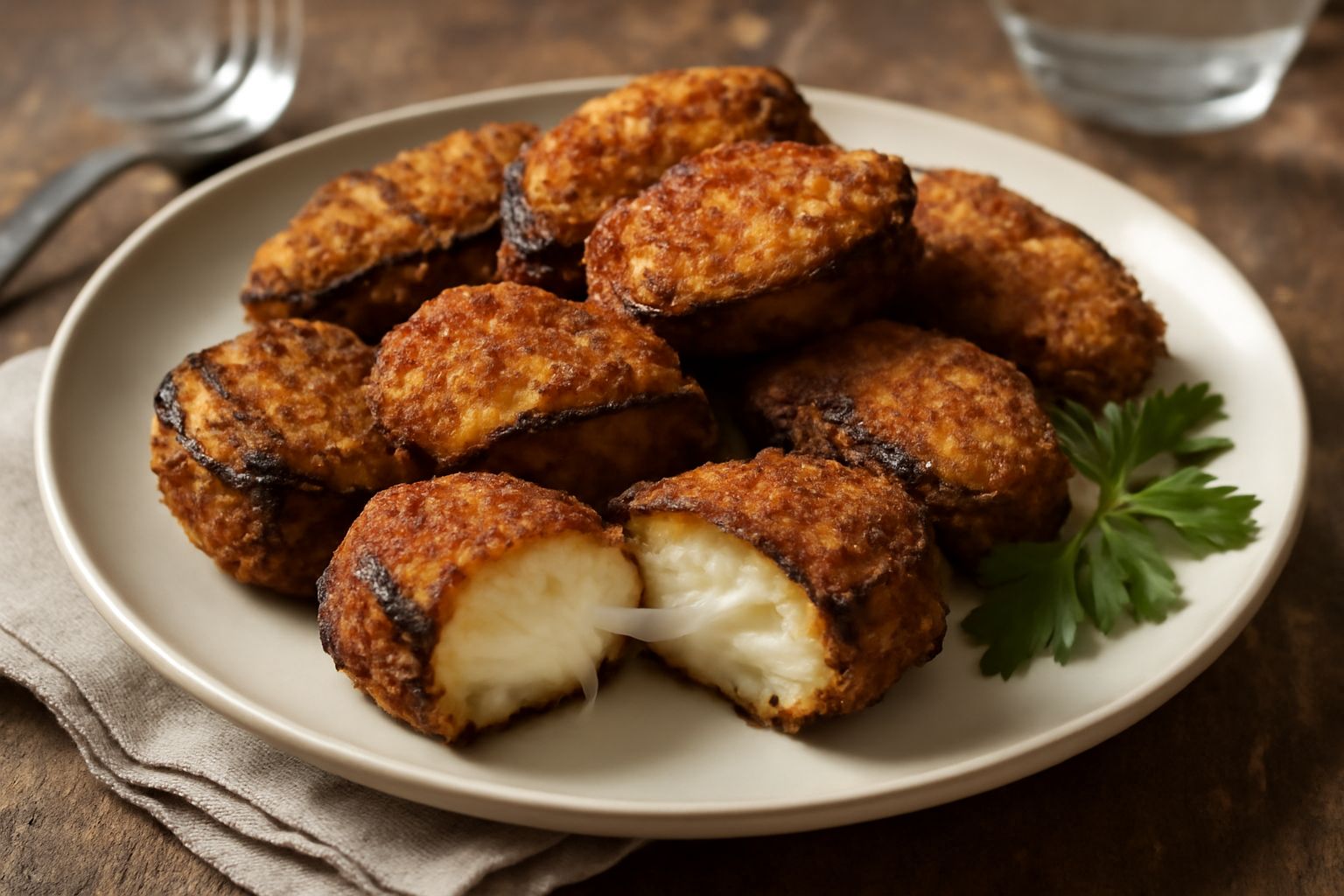 Friggelle di melanzane dorate e croccanti su piatto bianco con rametto di prezzemolo fresco, sezione aperta che mostra il ripieno cremoso di ricotta e mozzarella filante