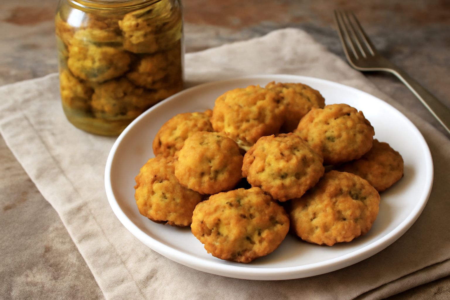 Friggelle dorate e croccanti disposte su un tavolo, accanto a un barattolo di vetro con olio trasparente, foglie di prezzemolo fresco e una bottiglia di olio d'oliva