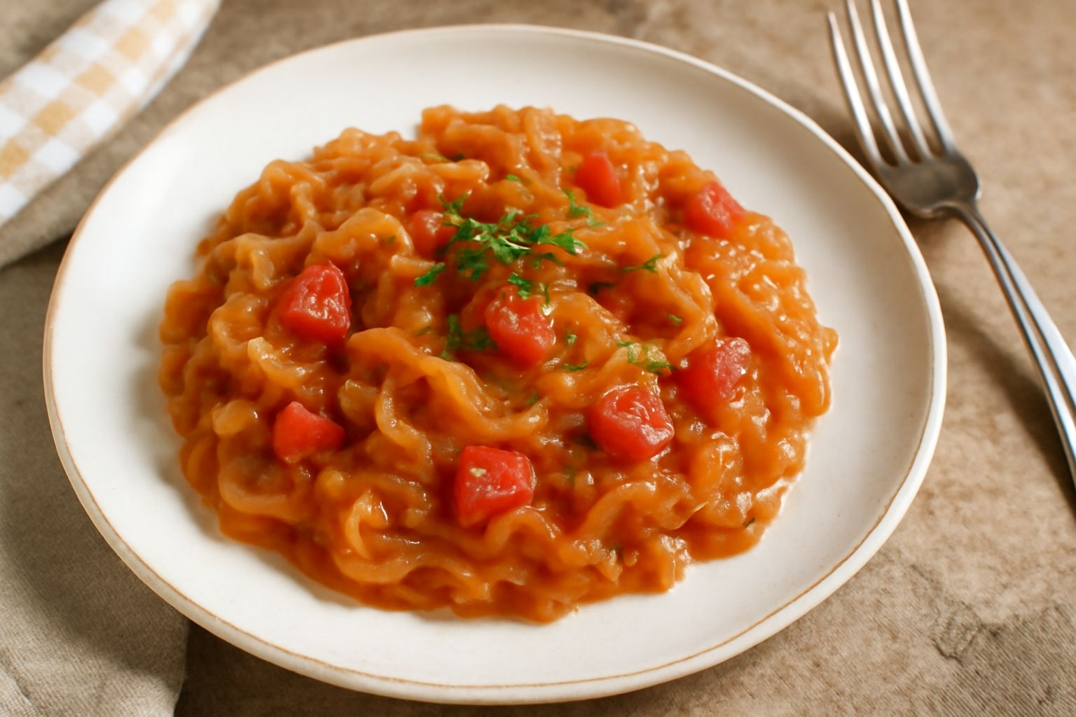 Friggione disposto in un piatto bianco, cipolla dorata e morbida con pomodori rossi brillanti e scuri, brillanti di olio, guarnito con foglie di prezzemolo fresco verde