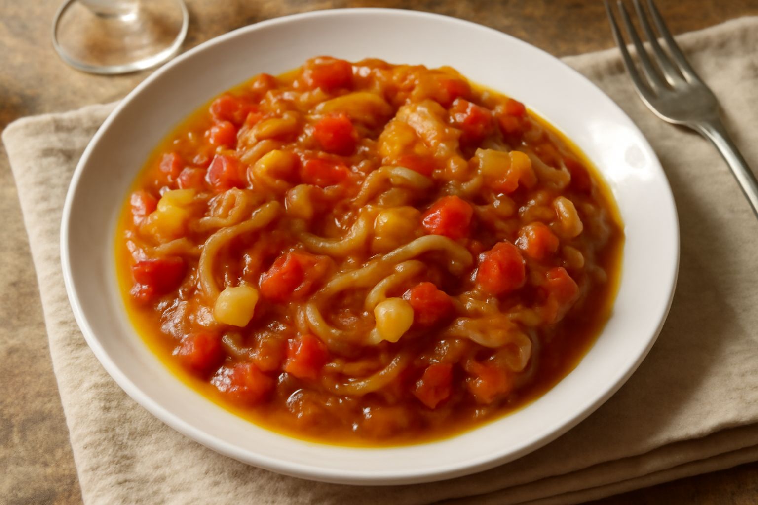 Friggione foggiano in piatto bianco: cipolle color ambra caramellate mescolate a peperoni rossi e gialli a dadini, pomodori morbidi, con olio d'oliva lucido in superficie, guarnito da prezzemolo fresc