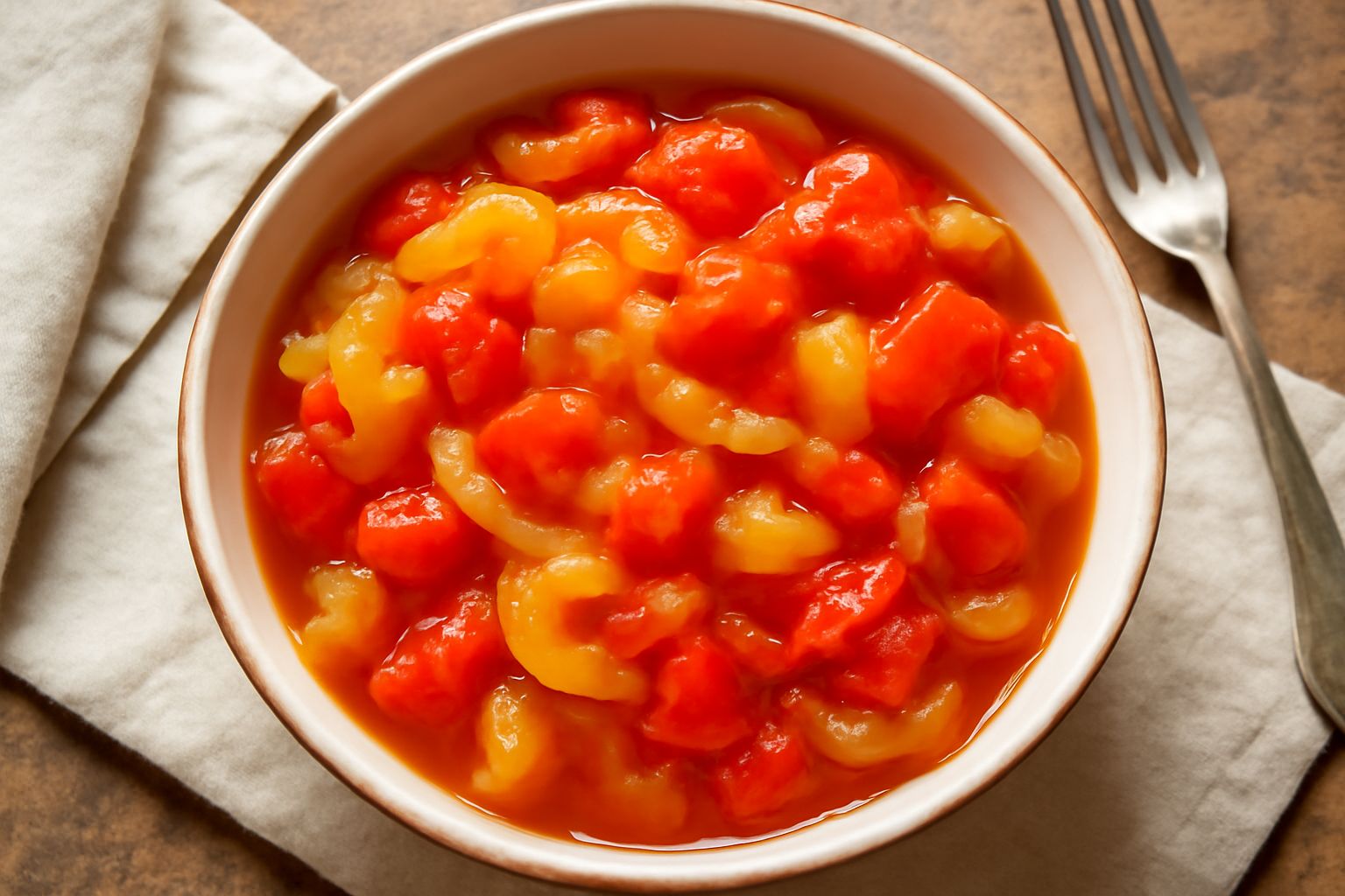 Barattolo di vetro trasparente contenente friggione sottaceto: verdure multicolori (cipolle bianche, peperoni rossi e gialli, pomodori rossi) in brodo acido dorato, disposto su un tavolo di legno con 