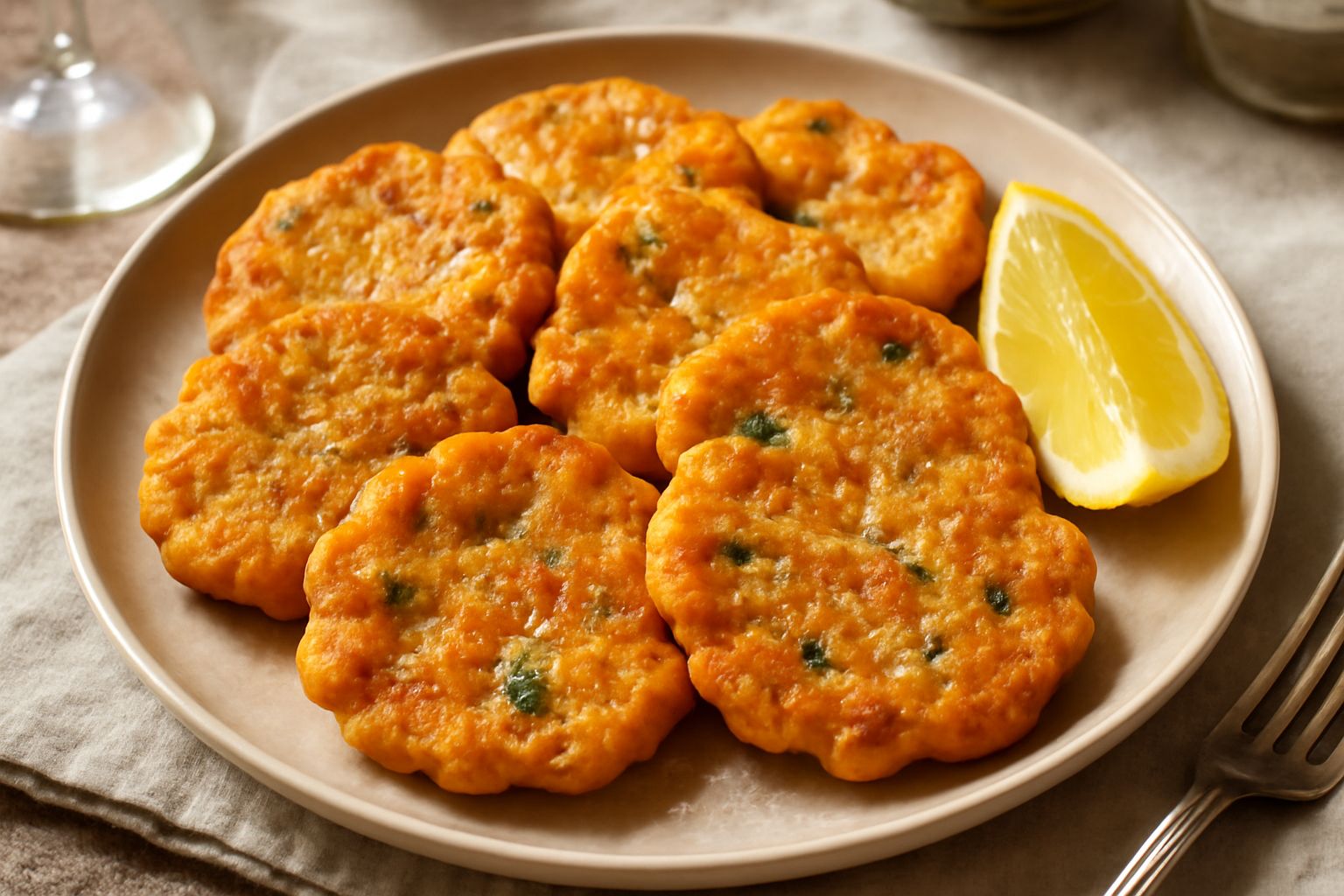 Friggioni dorati e croccanti serviti su un piatto bianco, con una fetta di limone fresco e prezzemolo. Sfondo di tavolo in legno chiaro.