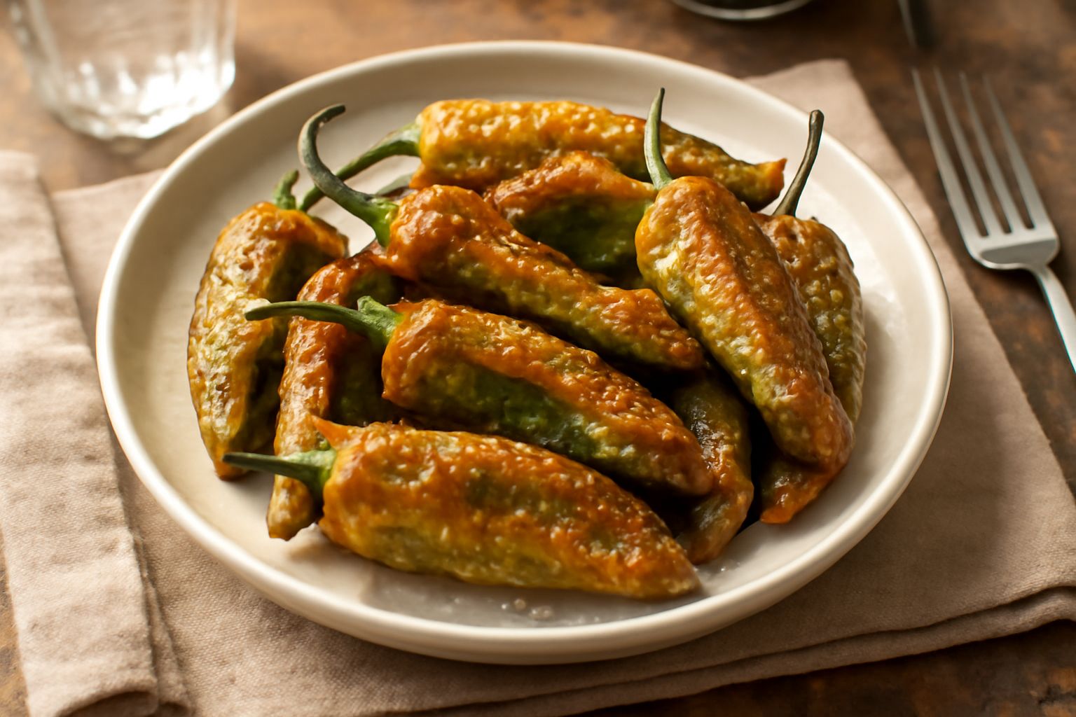 Friggitelle dorate e croccanti su un piatto bianco, peperoni rossi e gialli tagliati a bastoncini fritti, con grani di sale grosso sparsi e un bicchiere d'acqua accanto