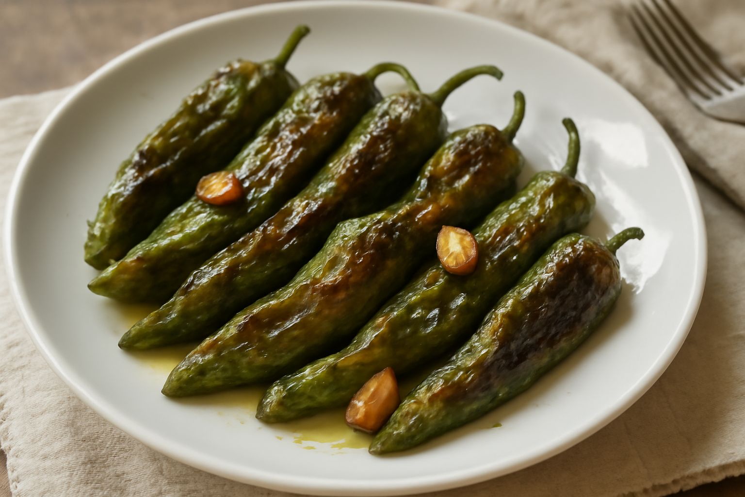 Friggitelli verdi e rossi soffritti, dorati e con la pelle leggermente bruciata, disposti in un piatto bianco con un filo d'olio d'oliva, contorno di aglio e peperoncino