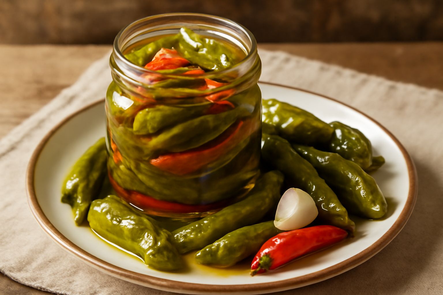 Friggitelli verdi e rossi croccanti conservati in barattolo di vetro con olio trasparente, aglio e peperoncino visibili, illuminati da luce naturale