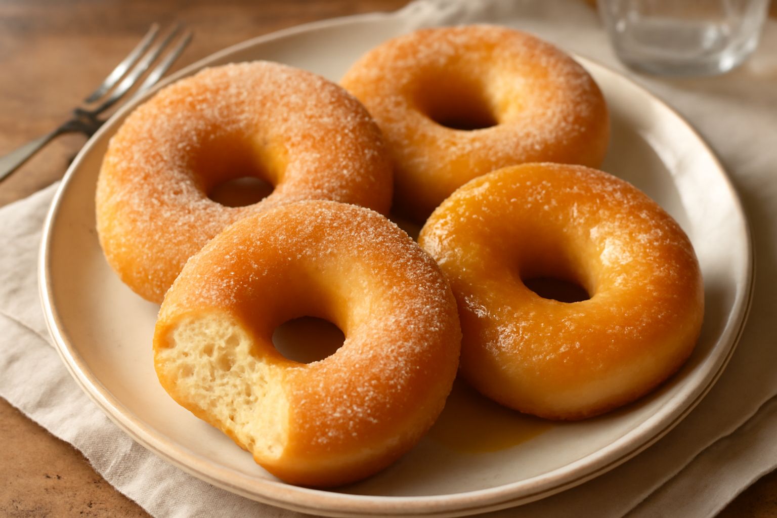 Friscelle dolci dorate impilate su un piatto bianco, ricoperte di zucchero cristallizzato e gocce di miele, sfondo di legno scuro e un bicchiere di latte