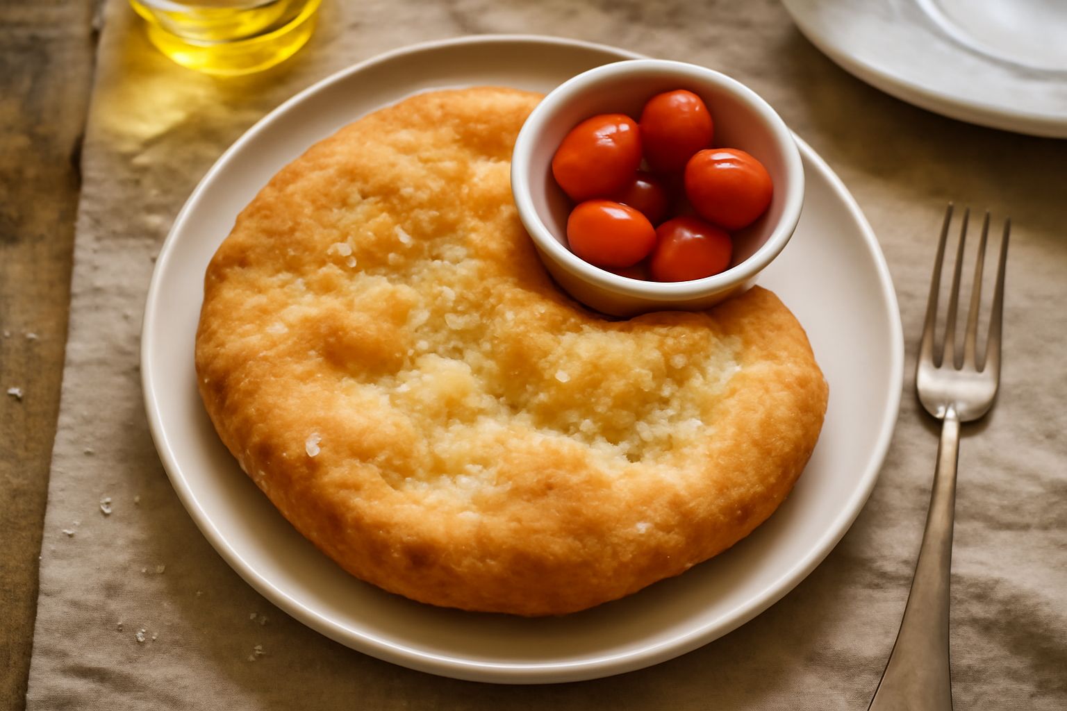 Frisedda dorata e croccante su piatto bianco, spolverata di sale grosso, con forme irregolari e superficie screpolata, accanto a un bicchiere di latte