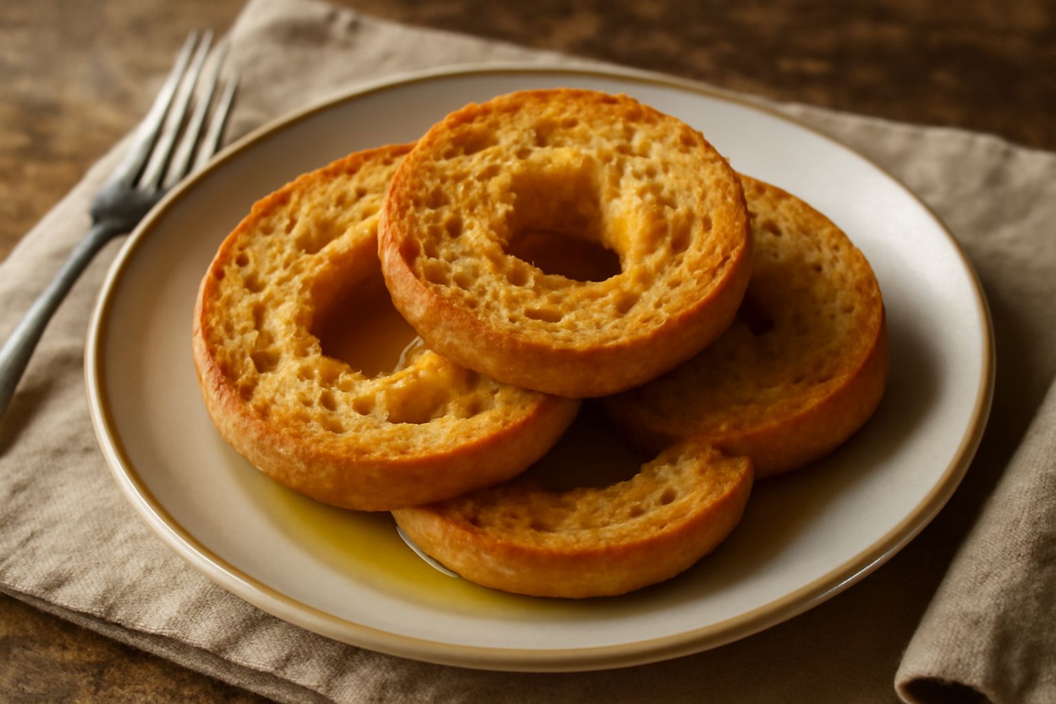 Frisedde dorate e croccanti impilate su un piatto bianco, con la porosità visibile della mollica tostata, servite con pomodori freschi e olio d'oliva