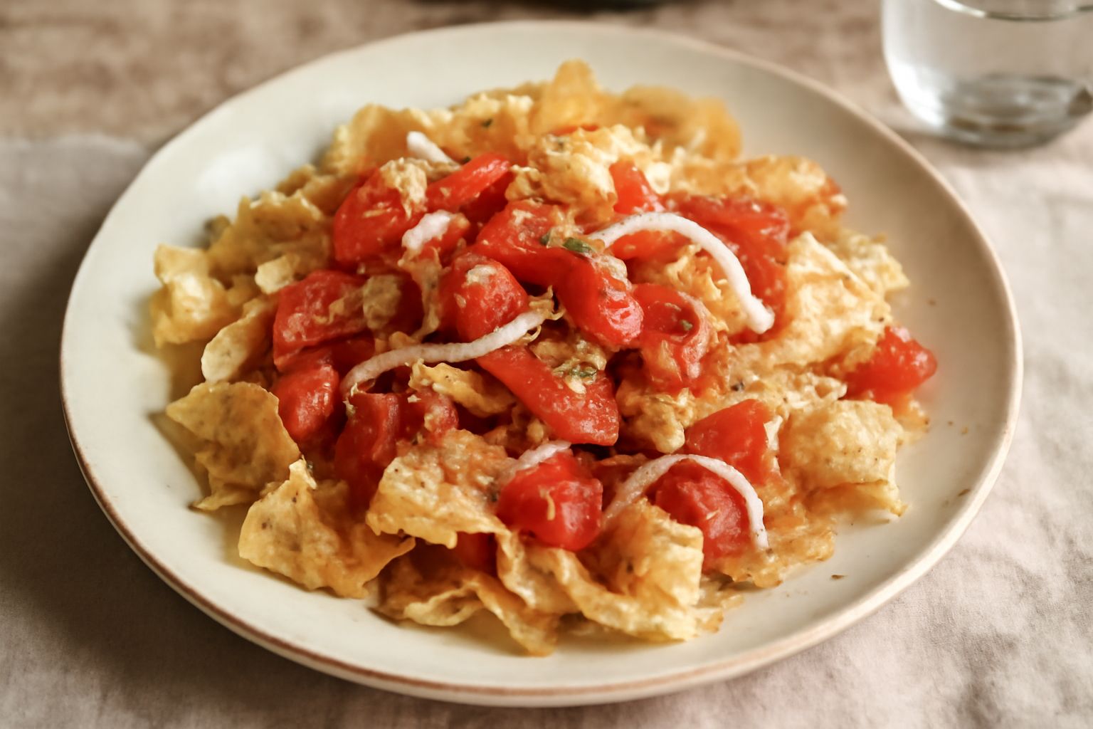 Friseddha su piatto bianco: pezzi di pane carasau dorato e croccante ricoperti di pomodoro fresco rosso, cipolla trasparente, olio d'oliva lucido e origano verde, impiattata in mucchietto con visibili