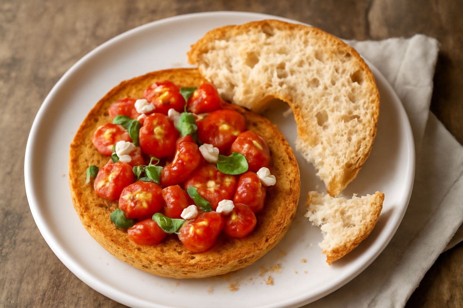 Frisella irpina tostata su un piatto di ceramica bianca, spezzata a metà che mostra l'interno poroso, condita con pomodoro rosso fresco tritato, origano verde e un filo di olio d'oliva