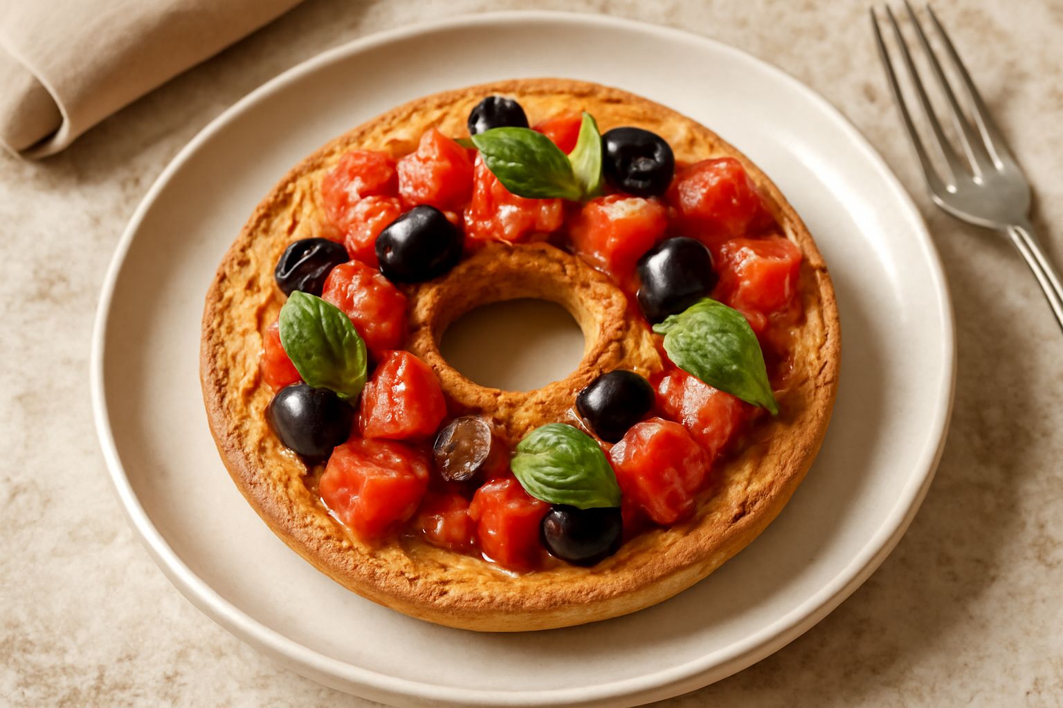 Frisella salata dorata e croccante a forma di ciambella, affettata in due metà, posta su un piatto bianco con gocce d'acqua e cristalli di sale marino grosso visibili