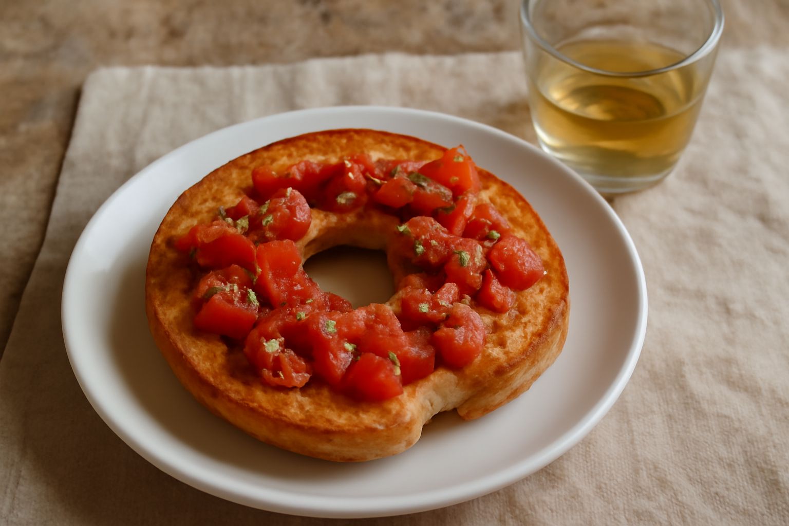 Tre friselle baresi dorate e croccanti disposte su un piatto bianco, farcite con pomodoro rosso brillante e origano verde, accompagnate da un bicchiere di acqua fresca