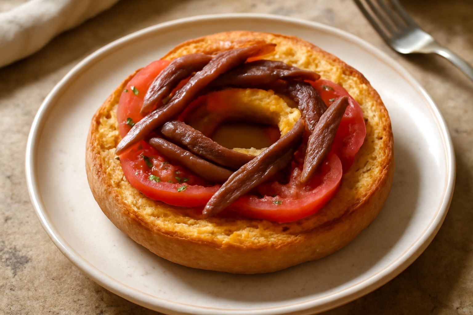 Friselle aperte con ripieno di acciughe, pomodoro rosso e origano verde, servite su un piatto bianco con un filo di olio d'oliva, contorno di pomodori freschi